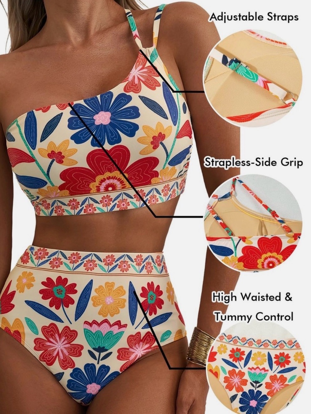 One-Shoulder Floral High-Waist Bikini Set MultiColor - Picture 4 of 8